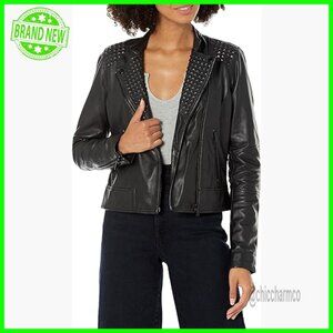 Fitted Leather Moto Jacket with Embossed Studs and Matte Hardware